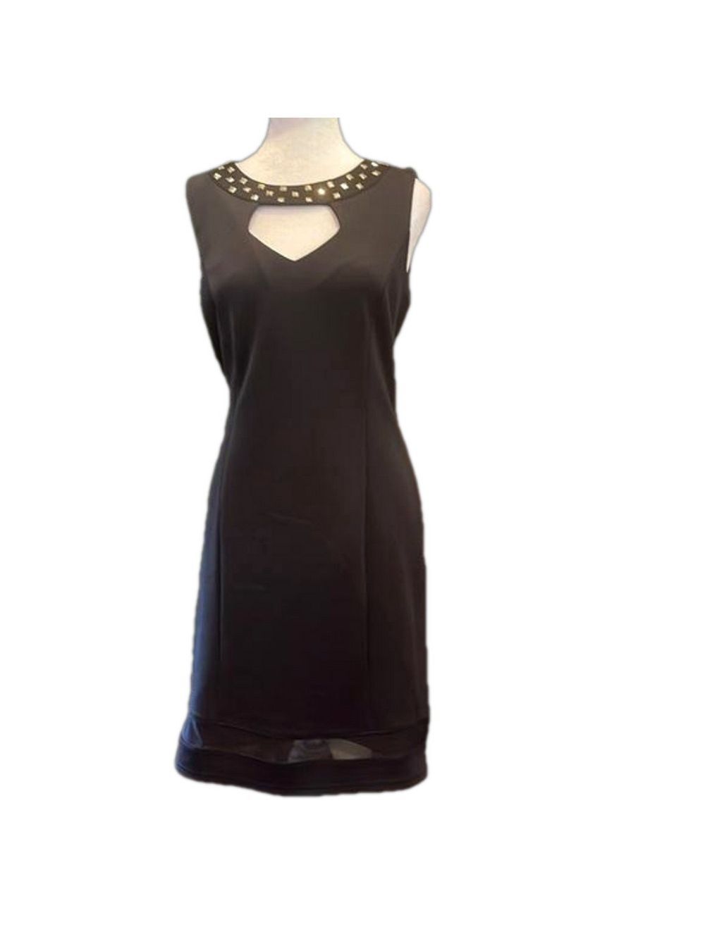 Spense black fitted Sz  12 dress with gold toned embellishments around collar